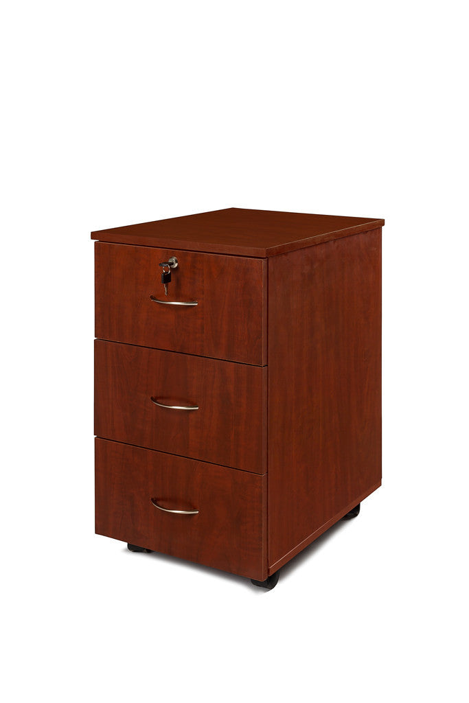 Mahogany mobile office pedestal with 3 drawers, top middle lock, and four wheels underneath.